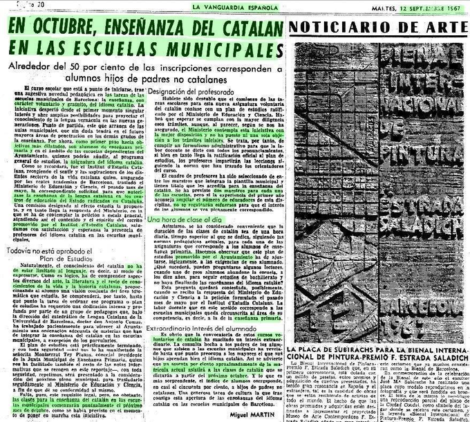 Durante el franquismo, el catalán se enseñaba 5 h/semana en Barcelona; hoy, la Generalitat dedica solo 2 h/semana al español