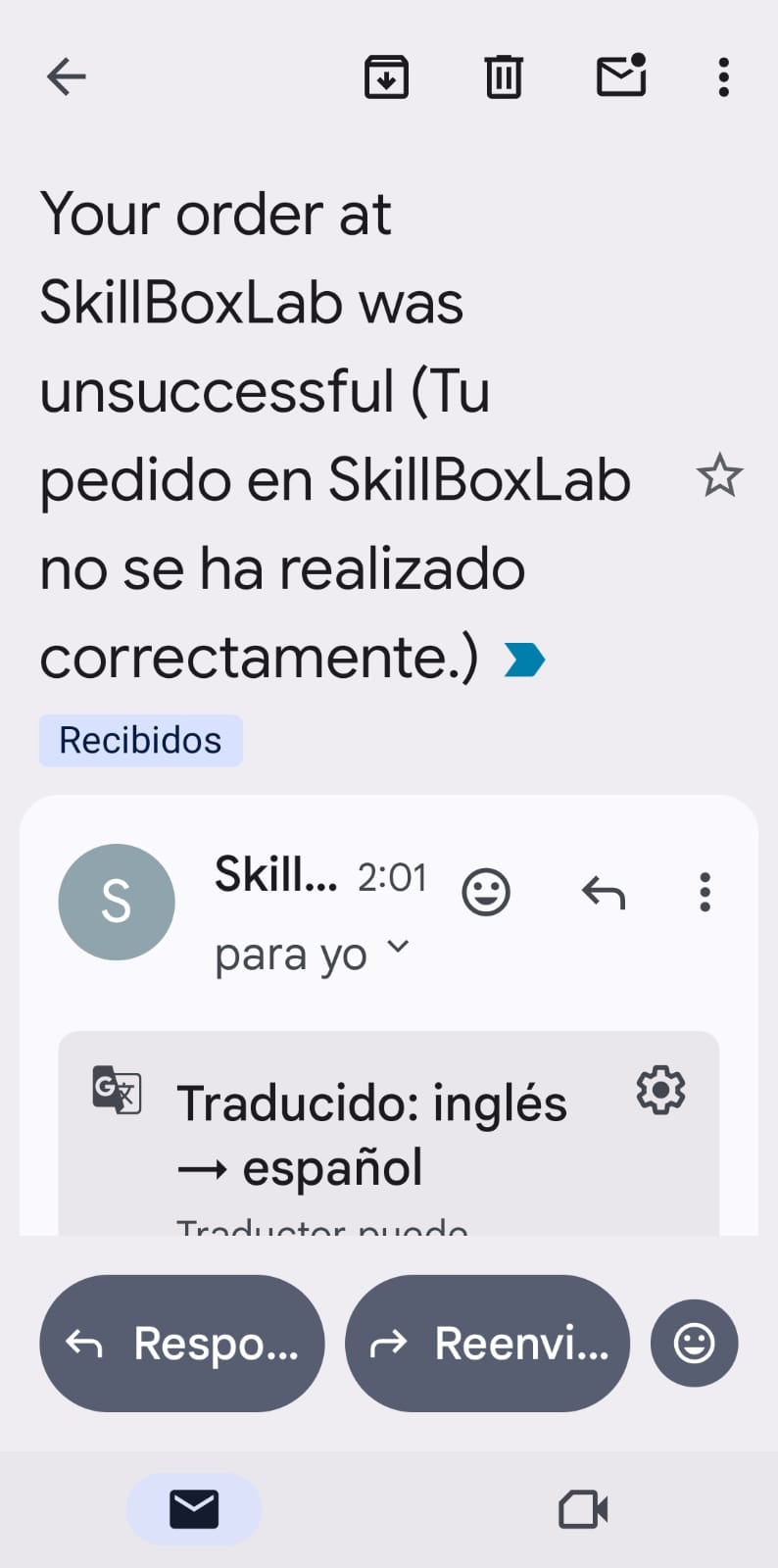 Envían un correo de SkillBoxLab diciendo que "tu pedido no se ha realizado correctamente"