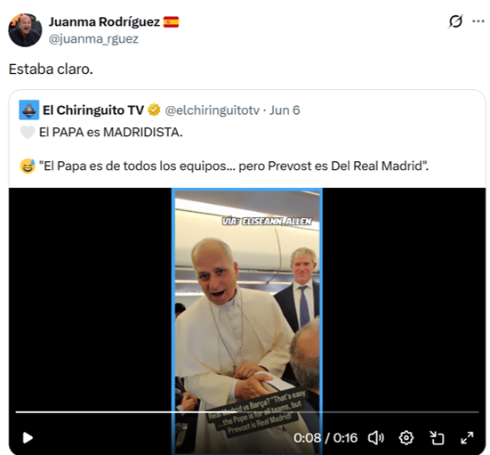León XIV: "El Papa es de todos los equipos... pero Prevost es del Real Madrid"