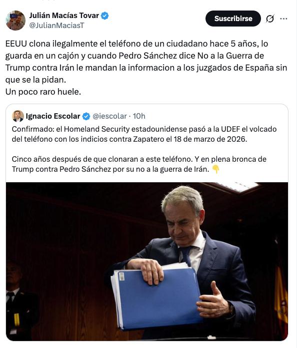 El Homeland Security estadounidense pasó a la UDEF el volcado del teléfono con los indicios contra Zapatero el 18 de marzo de 2026