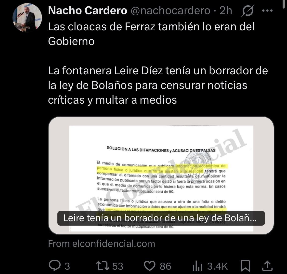 Leire Díez tenía un borrador de la ley de Bolaños para censurar noticias críticas y multar a medios