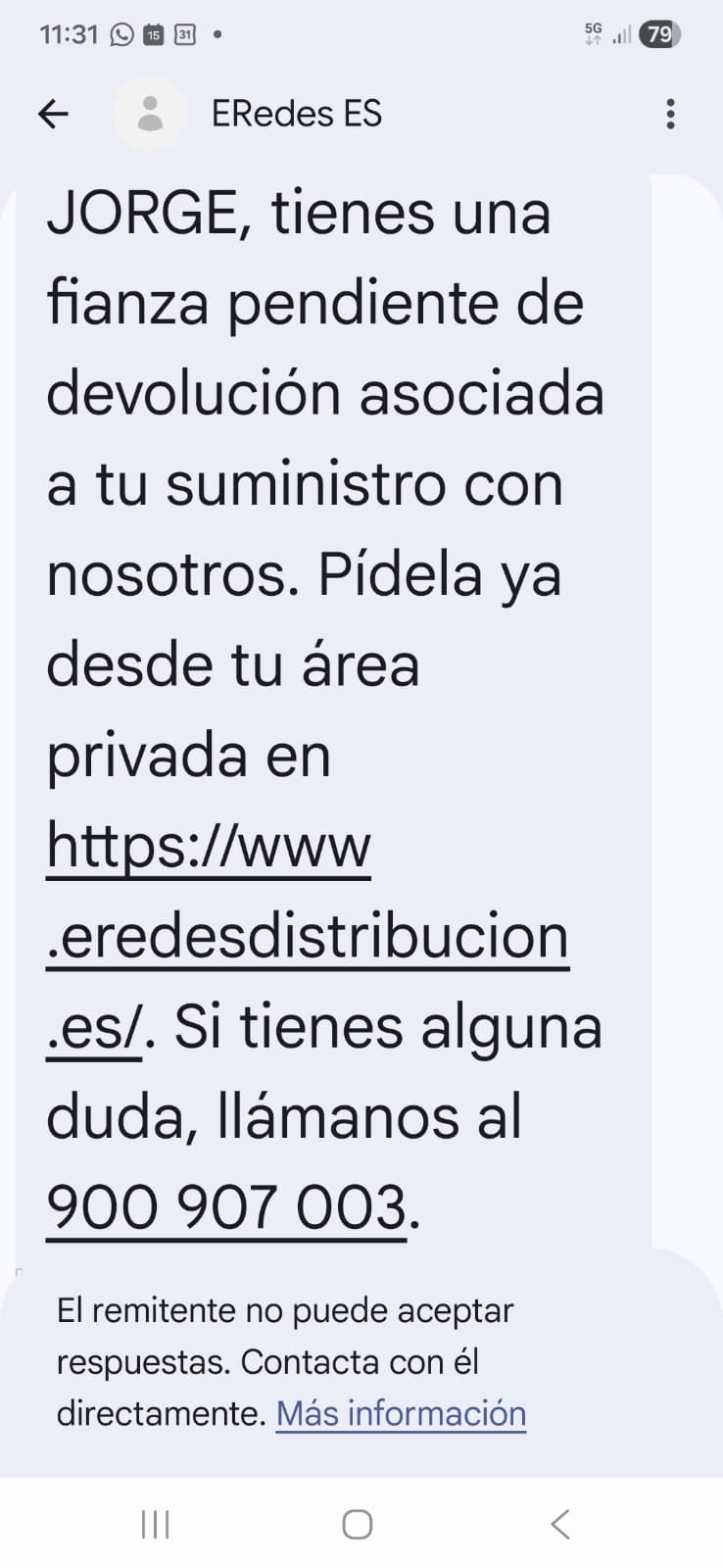 SMS de Redes de Distribución que avisa de una devolución de fianza pendiente asociada a tu suministro