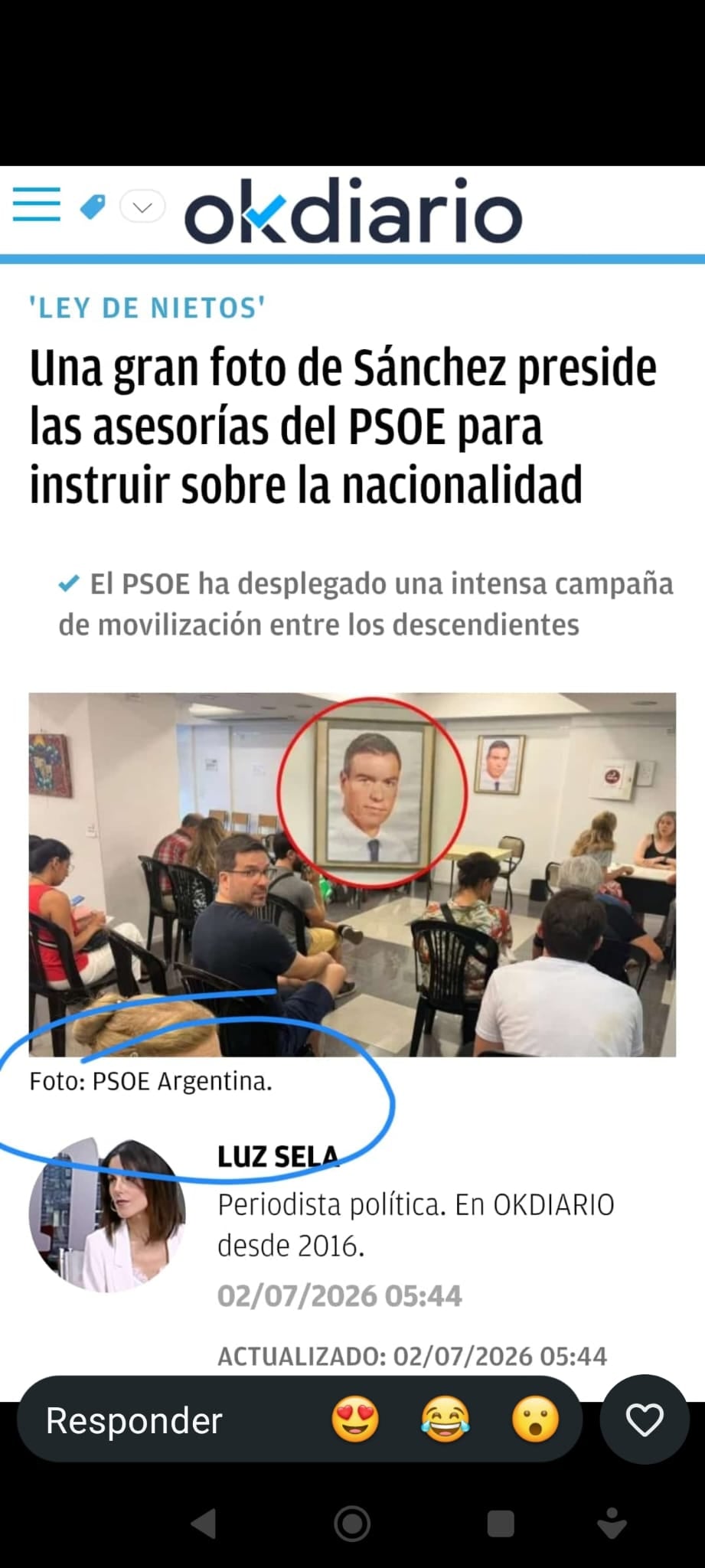 Una gran foto de Pedro Sánchez preside la sala donde se asesora sobre obtener la nacionalidad con la 'Ley de Nietos' en la sede del PSOE de Buenos Aires