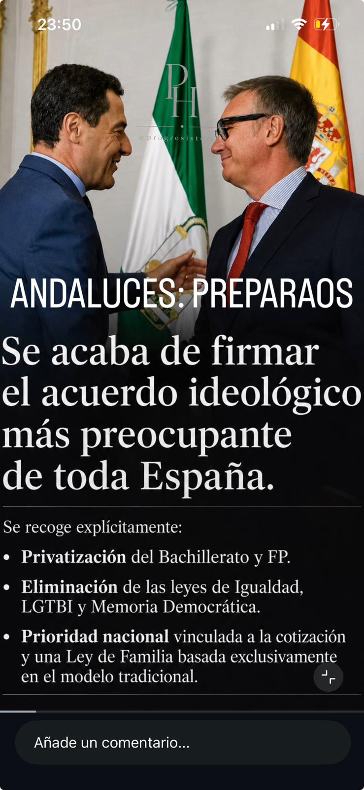 El acuerdo de gobierno de coalición entre PP y Vox en Andalucía incluye privatizar el Bachillerato y la FP, eliminar las leyes LGTBI y de Memoria Democrática, crear una Ley de Familia y vincular la prioridad nacional a la cotización