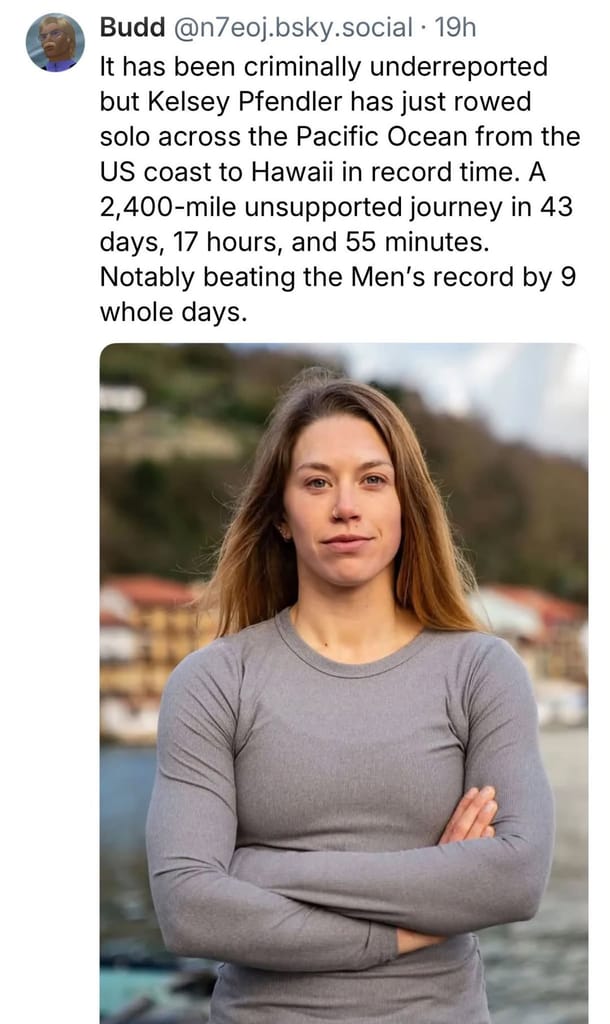 Kelsey Pfendler ha atravesado sola a remo el océano Pacífico en 43 días batiendo el récord masculino