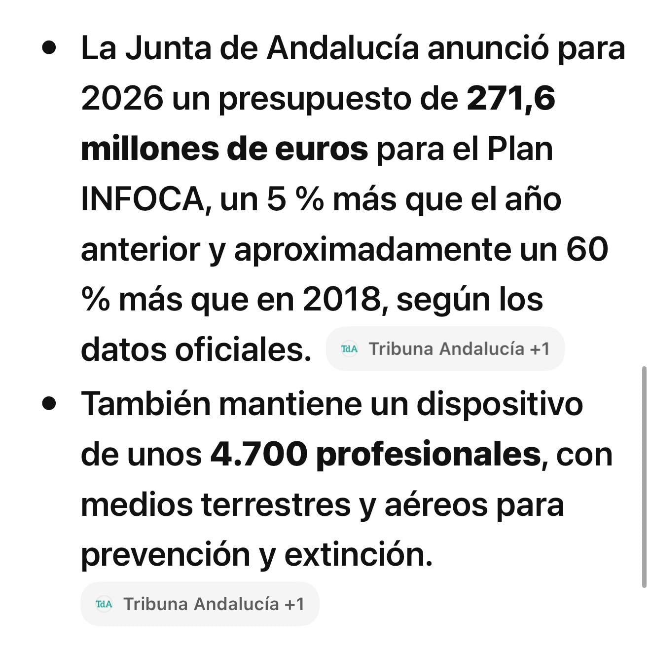 La Junta de Andalucía anunció para 2026 un presupuesto de 271,6 millones de euros para el Plan INFOCA y mantiene un dispositivo de 4.700 profesionales y medios