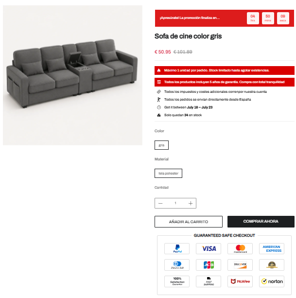 Rovtrix anuncia un sofá de cine color gris por 50 euros por tiempo limitado