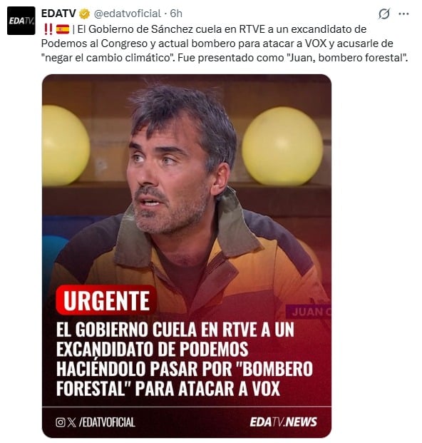 RTVE llevó a plató a un candidato de Podemos disfrazado de bombero para hablar de los incendios