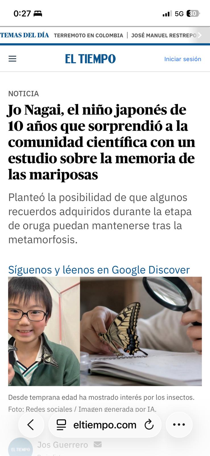 Jo Nagai, el niño japonés de 10 años que sorprendió a la comunidad científica con un estudio sobre la memoria de las mariposas