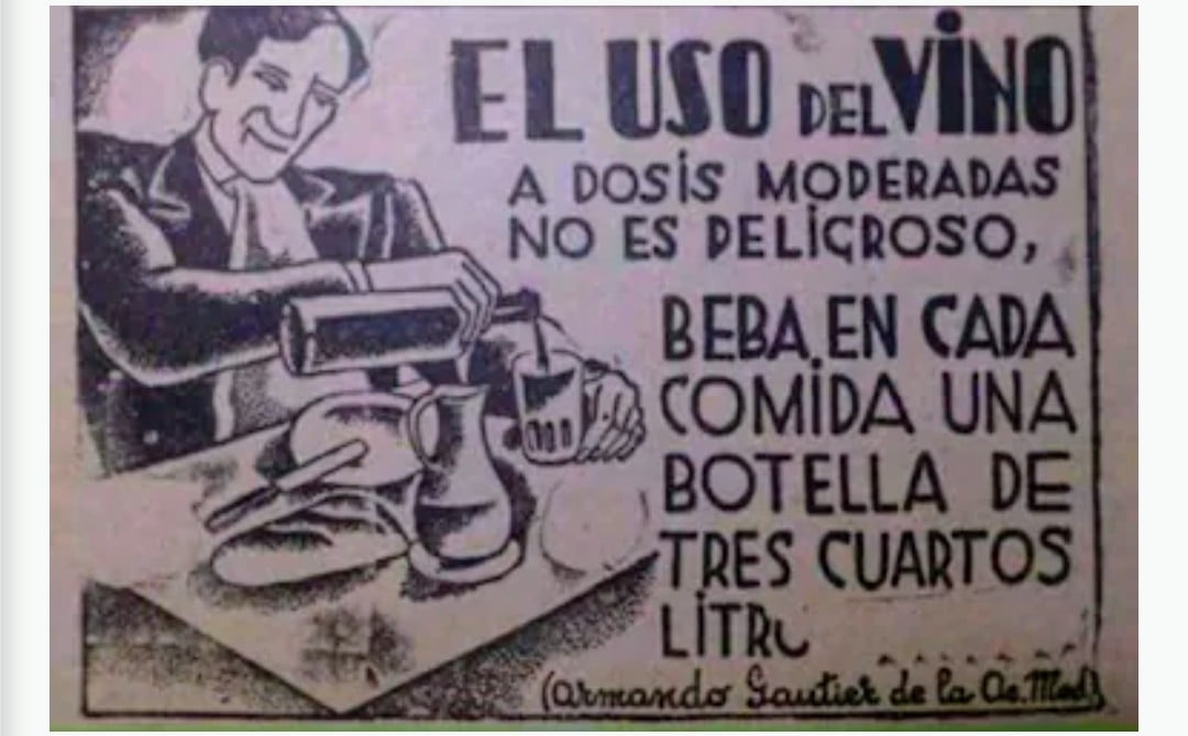 Publicidad de vino de los años 60: "beba en cada comida una botella de tres cuartos de litro"