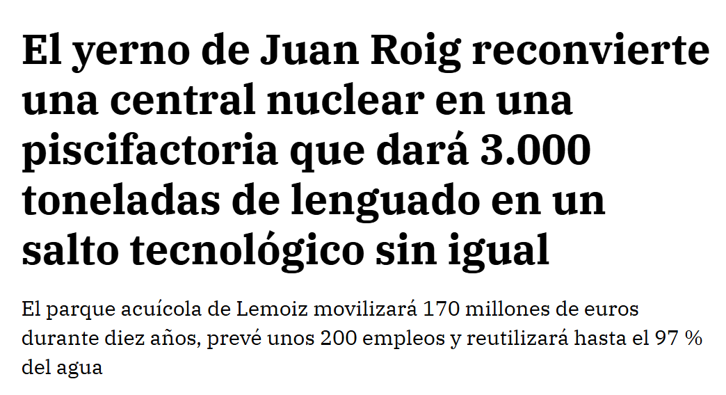 El yerno de Juan Roig reconvierte una central nuclear en una piscifactoria que dará 3.000 toneladas de lenguado