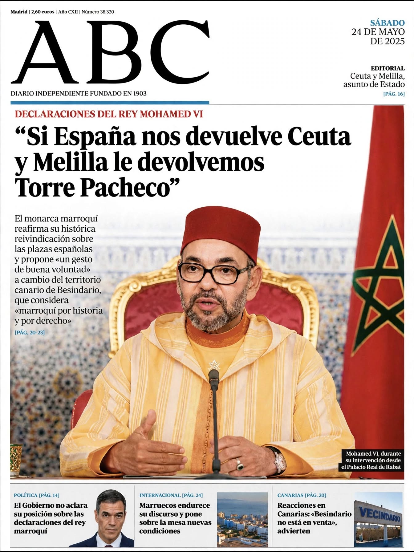 Portada del ABC que muestra declaraciones del Rey Mohamed VI diciendo: "Si España nos devuelve Ceuta y Melilla le devolvemos Torre Pacheco"