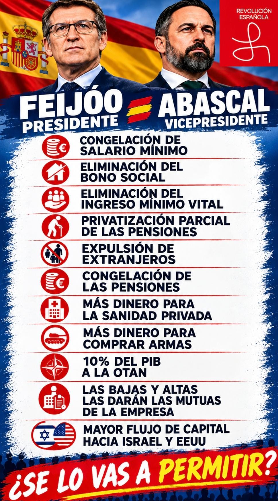 Si Feijóo y Abascal presiden congelarán el salario mínimo, eliminarán el bono social y el IMV, expulsarán a los extranjeros y aumentarán el gasto de la sanidad privada y la compra de armas