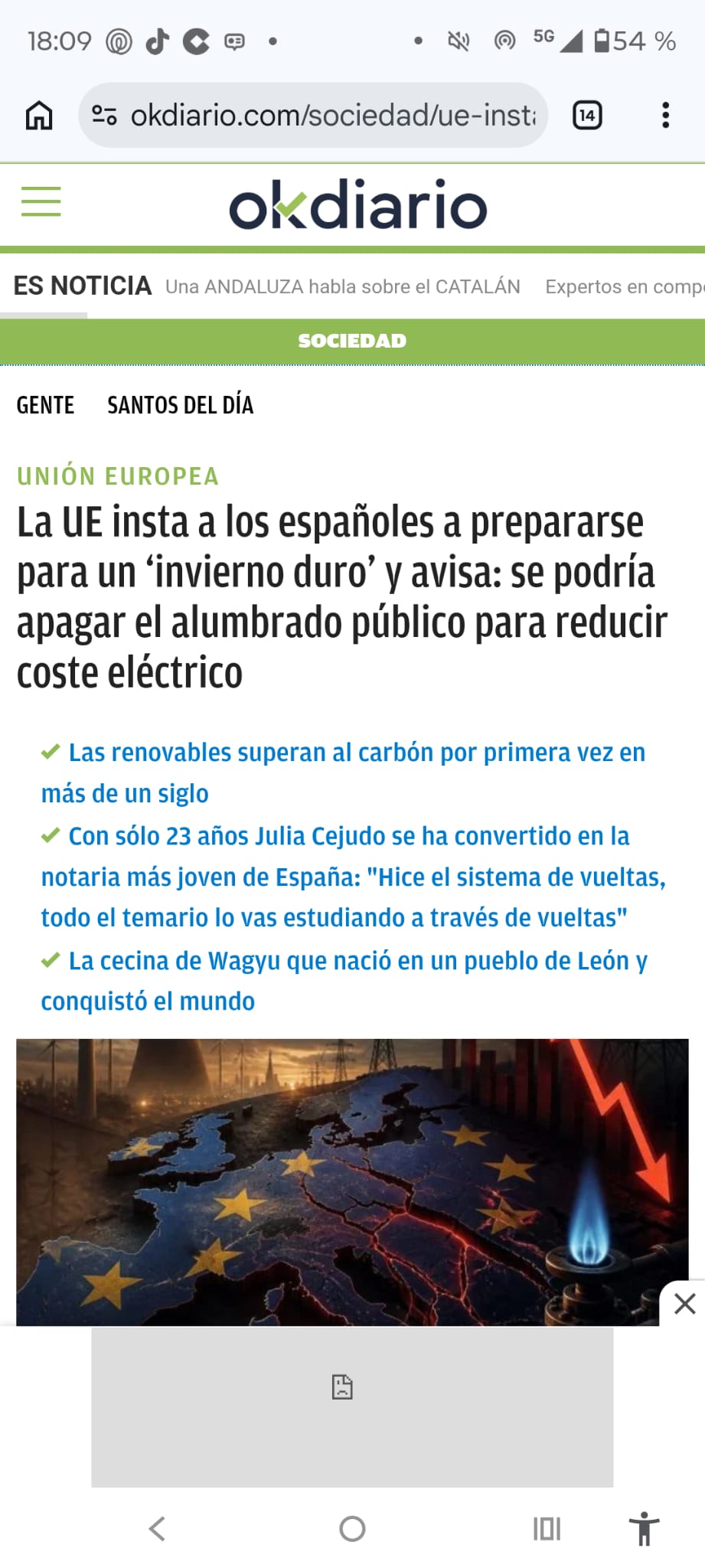 La UE insta a los españoles a prepararse para un "Invierno duro" y avisa de que se podría apagar el alumbrado público para reducir coste eléctrico