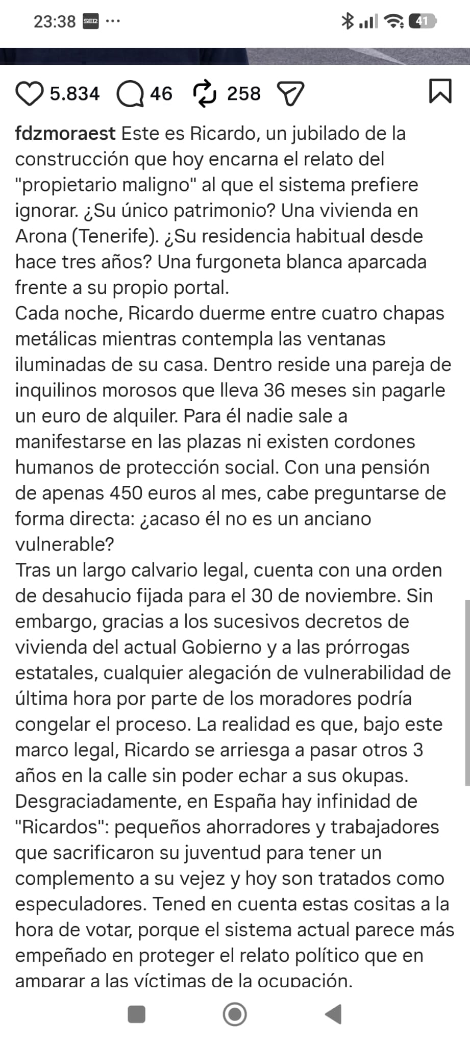 El ‘decreto Maricarmen’ protege a los okupas de un jubilado que lleva viviendo 3 años en una furgoneta con una pensión de 450 euros