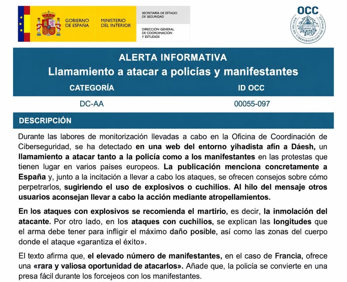 La Oficina de Coordinación de Ciberseguridad ha detectado en una web del entorno yihadista afín a Daesh un llamamiento a atacar tanto  a la policía como a los manifestantes en las protestas que tienen lugar en varios países europeos, entre ellos España