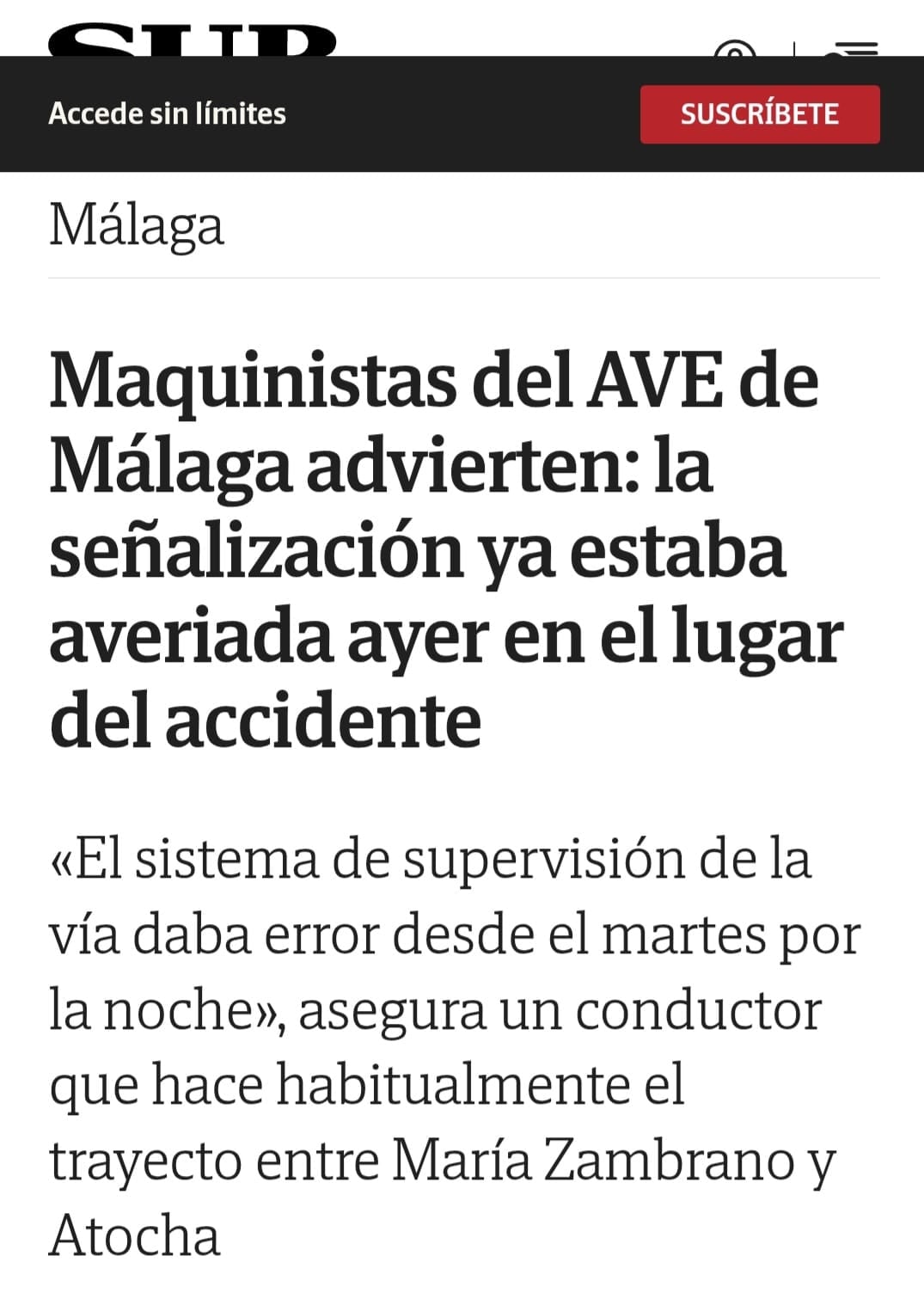 Maquinistas del AVE de Málaga advierten que la señalización ya estaba averiada ayer en el lugar del accidente de trenes de Toledo