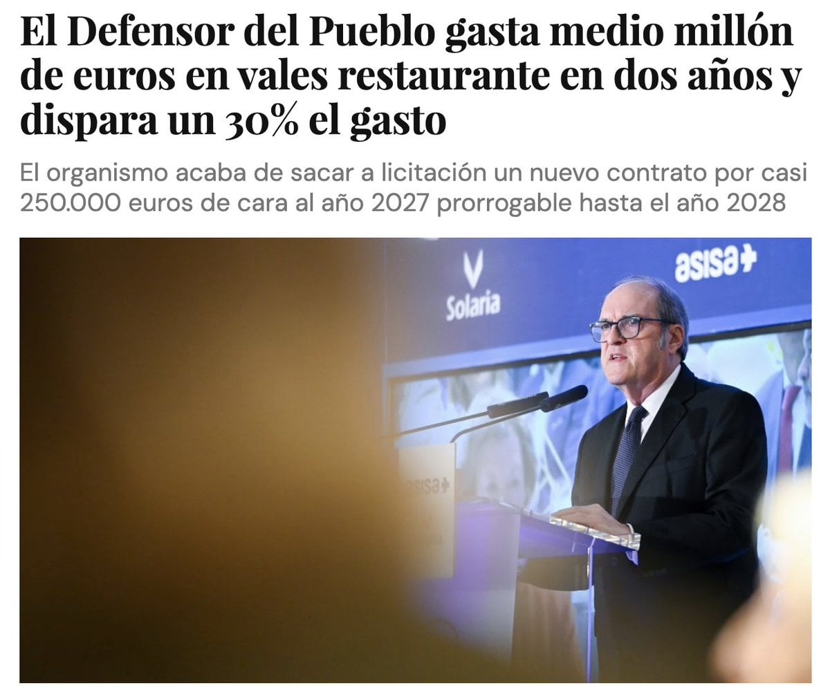 El Defensor del Pueblo gasta medio millón de euros en vales restaurante en dos años y dispara un 30% el gasto