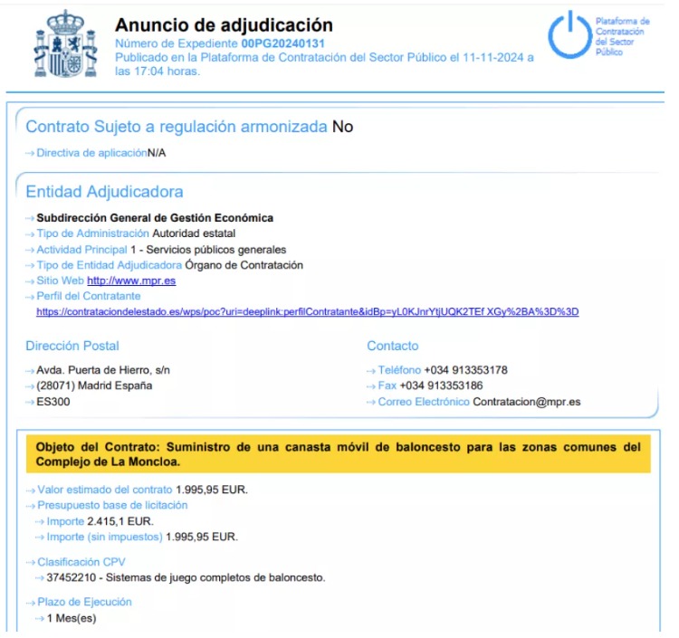 Se publica un anuncio de modificación del contrato 202200000084 del Instituto Nacional de Administración Pública, con la prórroga de 12 meses, pasando el plazo total a 24 meses, para servicios de formación en línea tutorizada de inglés.