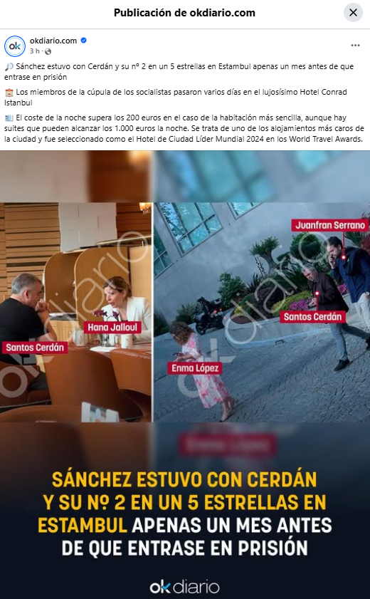 Sánchez estuvo con Cerdán en un hotel de cinco estrellas en Estambul apenas un mes antes de que entrase en prisión