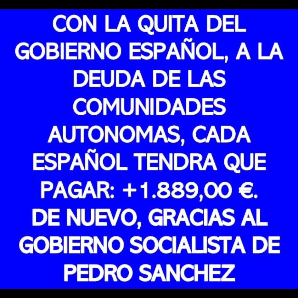 Con la condonación de la deuda a las comunidades autónomas, cada español tendrá que pagar más de 1.889 euros