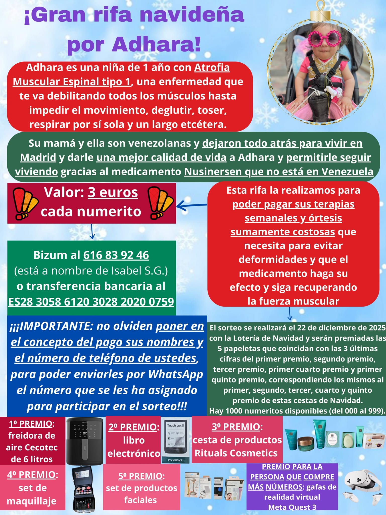 Rifa navideña para conseguir fondos para el medicamento de Adhara, una niña con atrofia muscular espinal