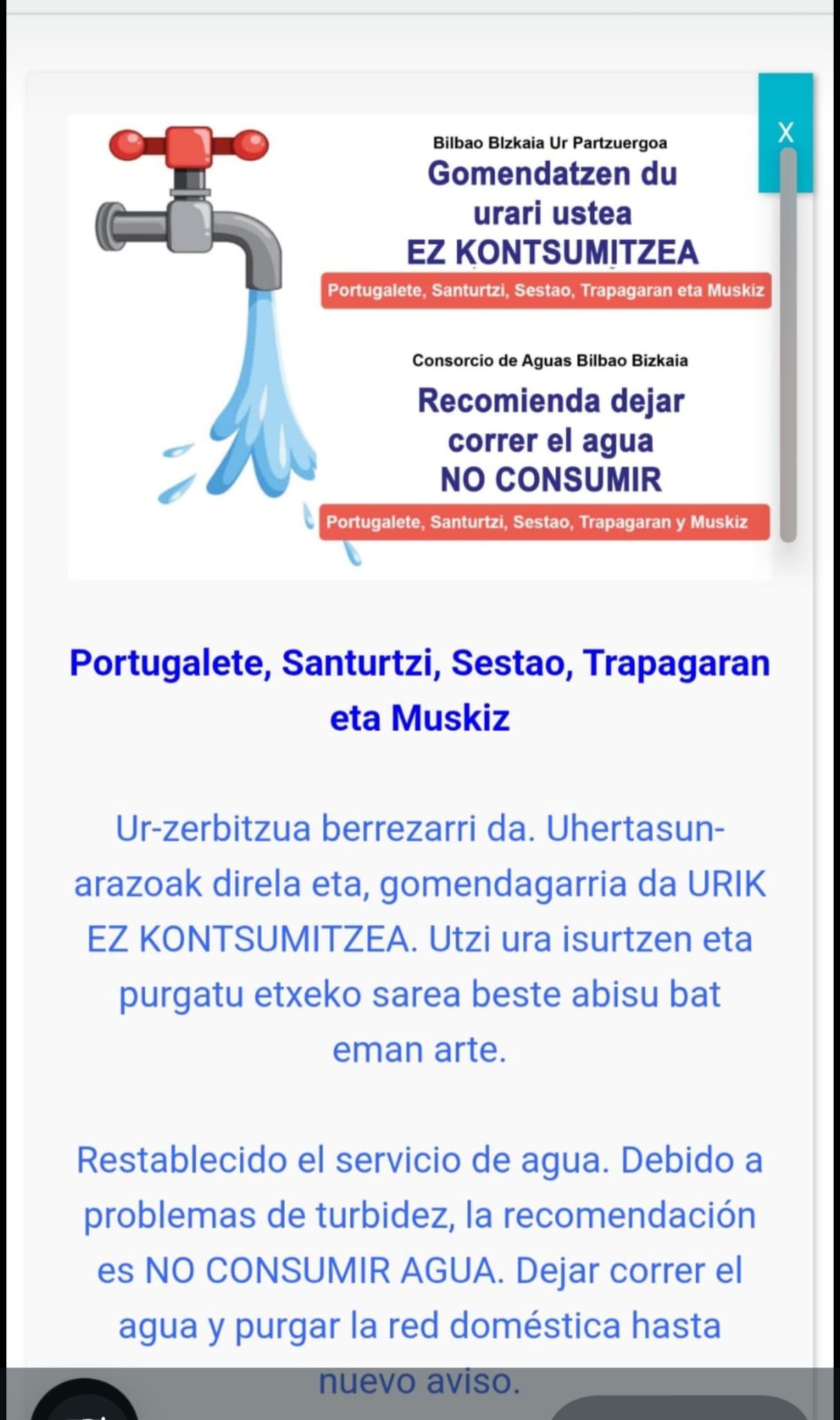 El Consorcio de Aguas de Bilbao cortó el suministro en varias localidades cercanas a Bilbao entre el 7 y el 8 de octubre por una avería