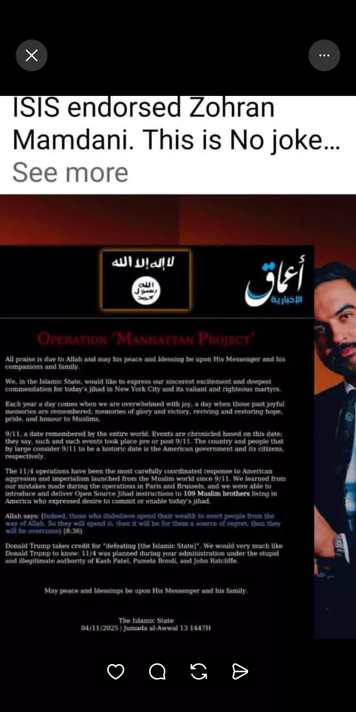 No hay rastro de que Daesh haya emitido este comunicado felicitando a Zohran Mamdani por ser elegido como alcalde de Nueva York