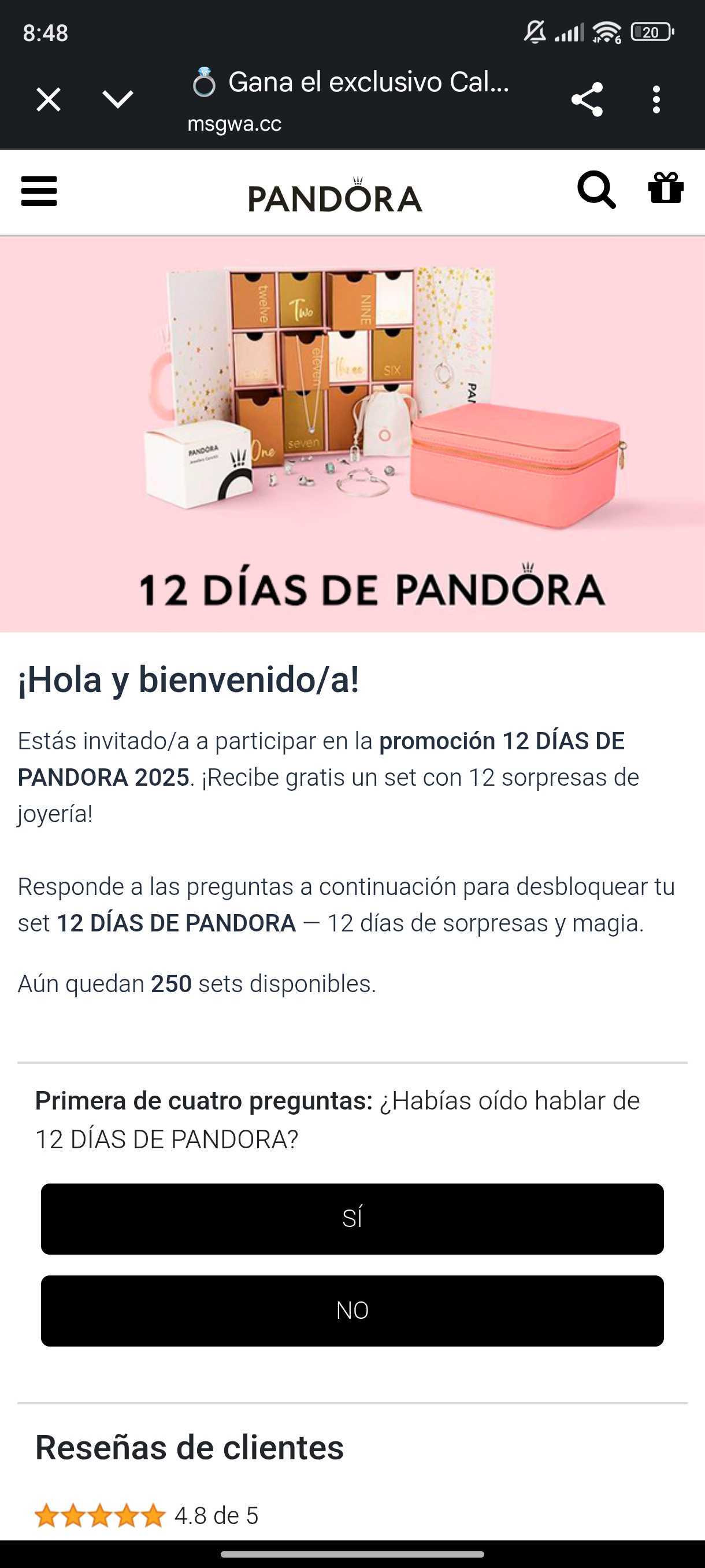 Pandora no ofrece un set de joyería gratis por responder a una encuesta, es un timo
