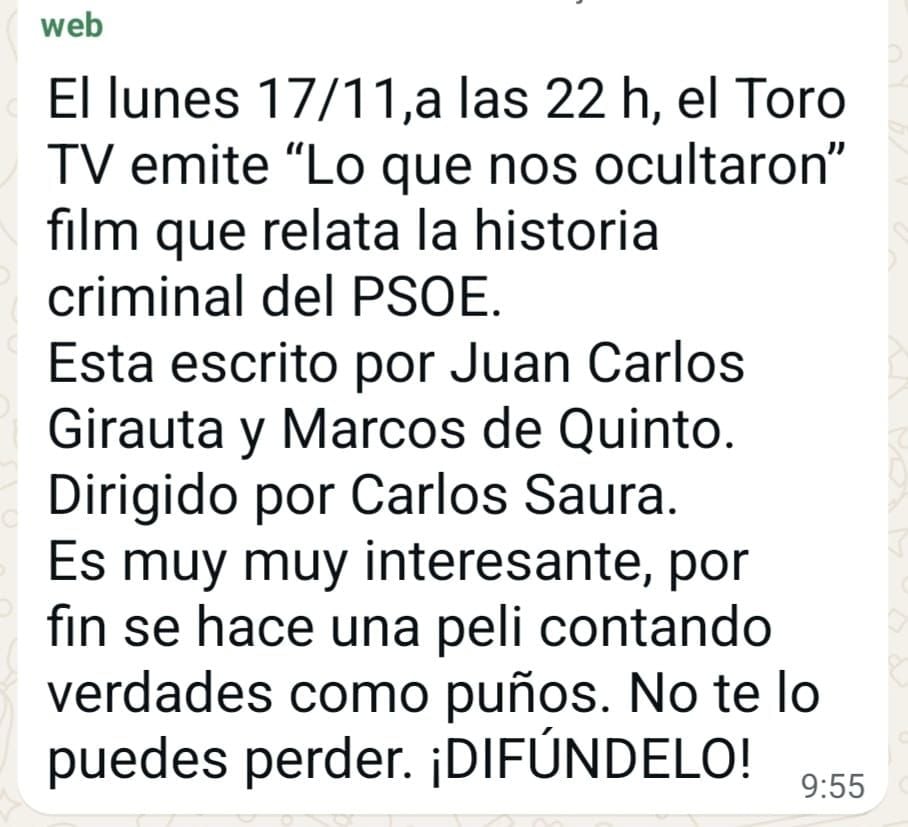 El lunes 17 de noviembre de 2025 el Toro TV emite "Lo que nos ocultaron", un film que relata la historia criminal del PSOE