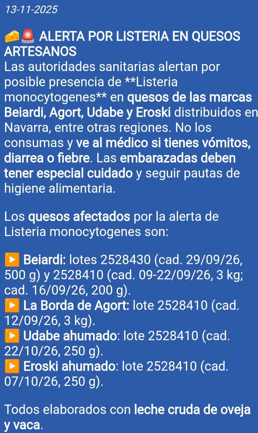 La AESAN ha emitido en noviembre de 2025 una alerta alimentaria por listeria en lotes de quesos procedentes de España