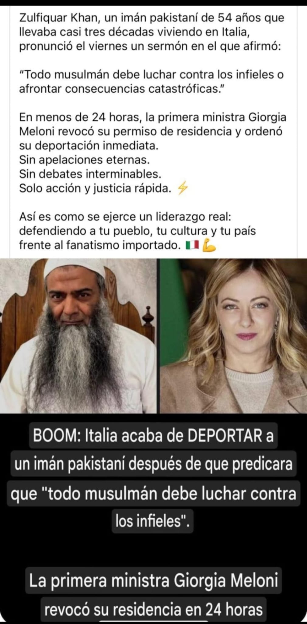 Giorgia Meloni revocó el permiso de residencia y ordenó la deportación inmediata de un imán pakistaní que afirmó que: "Todo musulmán debe luchar contra los infieles o afrontar consecuencias catastróficas"