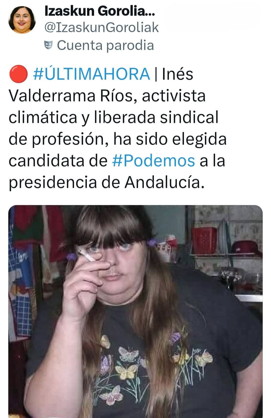 No existe esta "activista climática y liberada sindical" llamada Inés Valderrama Ríos y elegida por Podemos para la presidencia de Andalucía