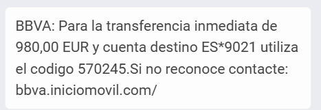 No, BBVA no está enviando un SMS para "autorizar una transferencia de 980 euros", es un timo