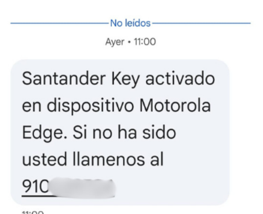 Este SMS que alerta de una activación de Santander Key no es del banco Santander