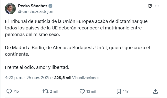 La sentencia del TJUE y el matrimonio entre dos personas del mismo sexo: solo obliga a reconocer que dos personas de otro país de la UE se han casado