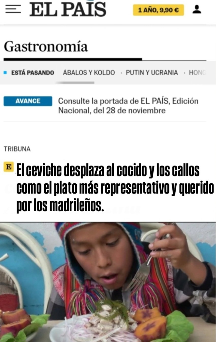 No hay rastro de que El País haya publicado que "el ceviche desplaza al cocido y los callos como el plato más representativo y querido por los madrileños"