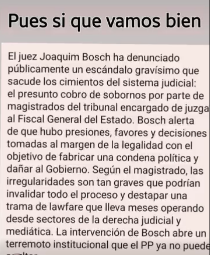 El juez Joaquim Bosch no ha denunciado públicamente el cobro de sobornos por parte de magistrados del tribunal que juzgó al fiscal General del Estado