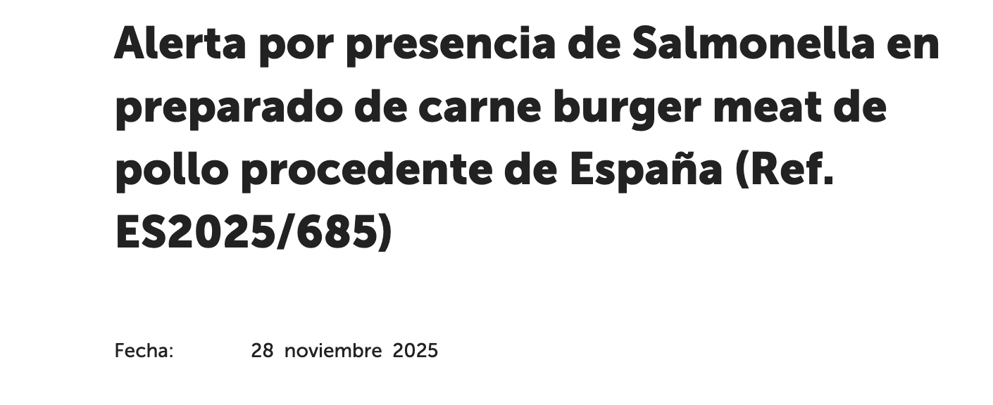 Sí, la AESAN emitió una alerta alimentaria en España por Salmonella en un preparado de carne de pollo en noviembre de 2025