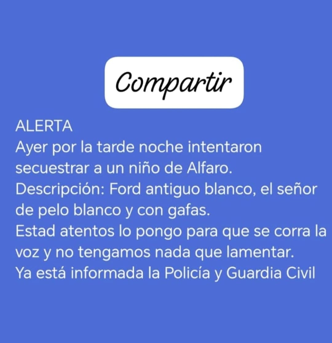 Un hombre de pelo blanco y gafas, subido en un Ford blanco, intenta secuestrar a un niño en Alfaro (La Rioja)