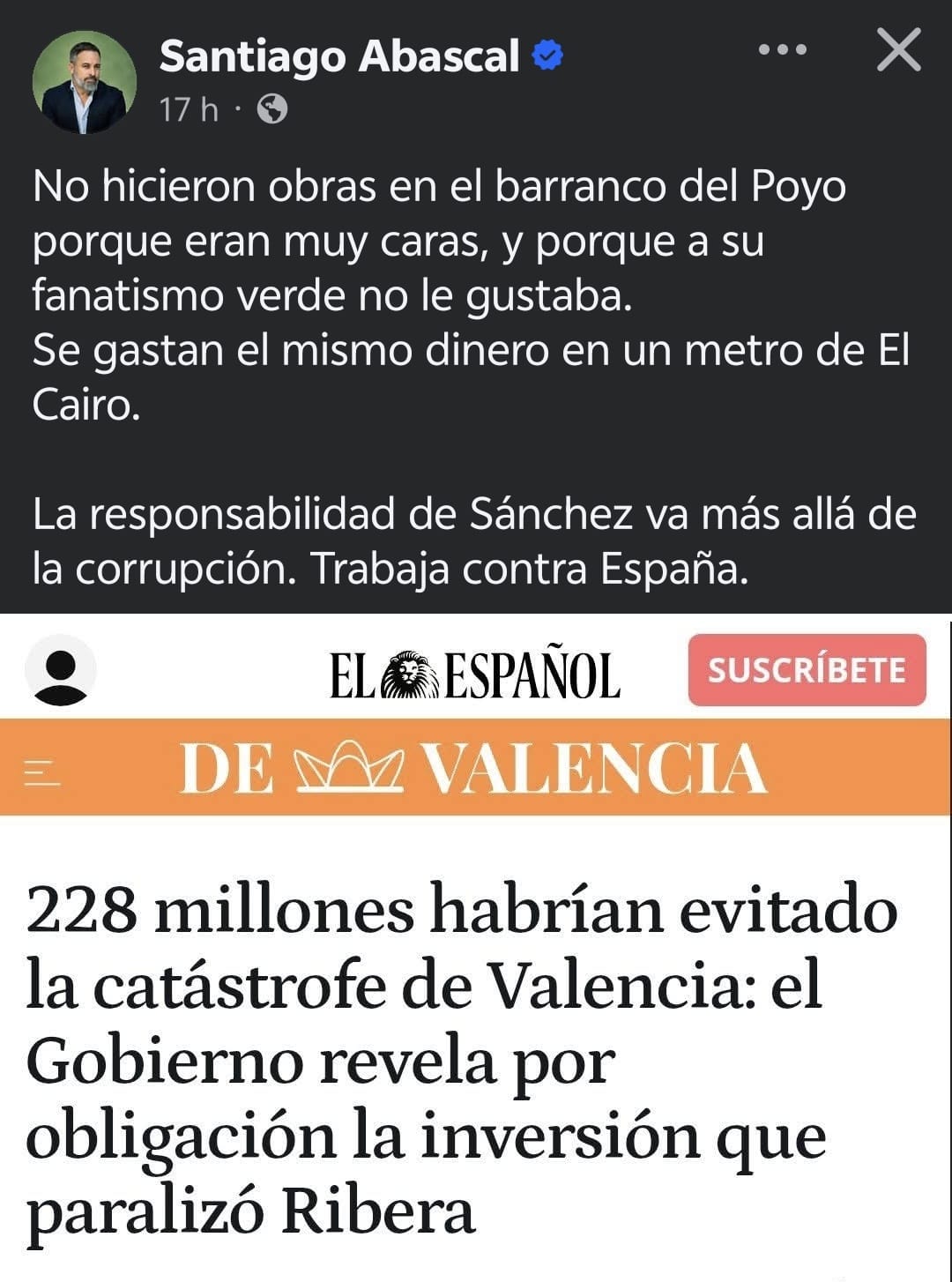 Santiago Abascal afirma que los 228 millones de euros que España ha dado al metro de El Cairo (Egipto) es la misma inversión que Ribera paralizó en el barranco del Poyo y que podría haber paliado los efectos de la DANA