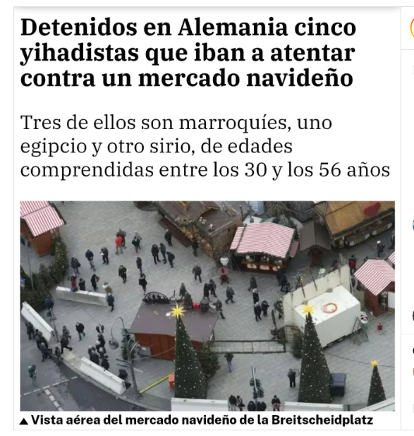Cinco hombres han sido detenidos en Baviera (Alemania) por, presuntamente, planear un atentado "de motivación islamista" contra un mercadillo navideño