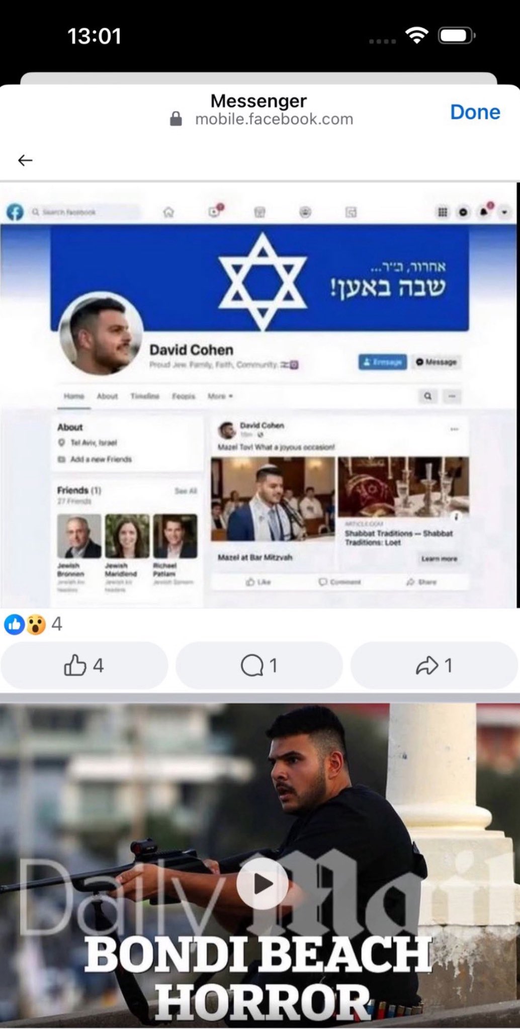 La captura del perfil de Facebook del supuesto agresor en el atentado de Bondi Beach como si fuese judío no es real: está creada con IA