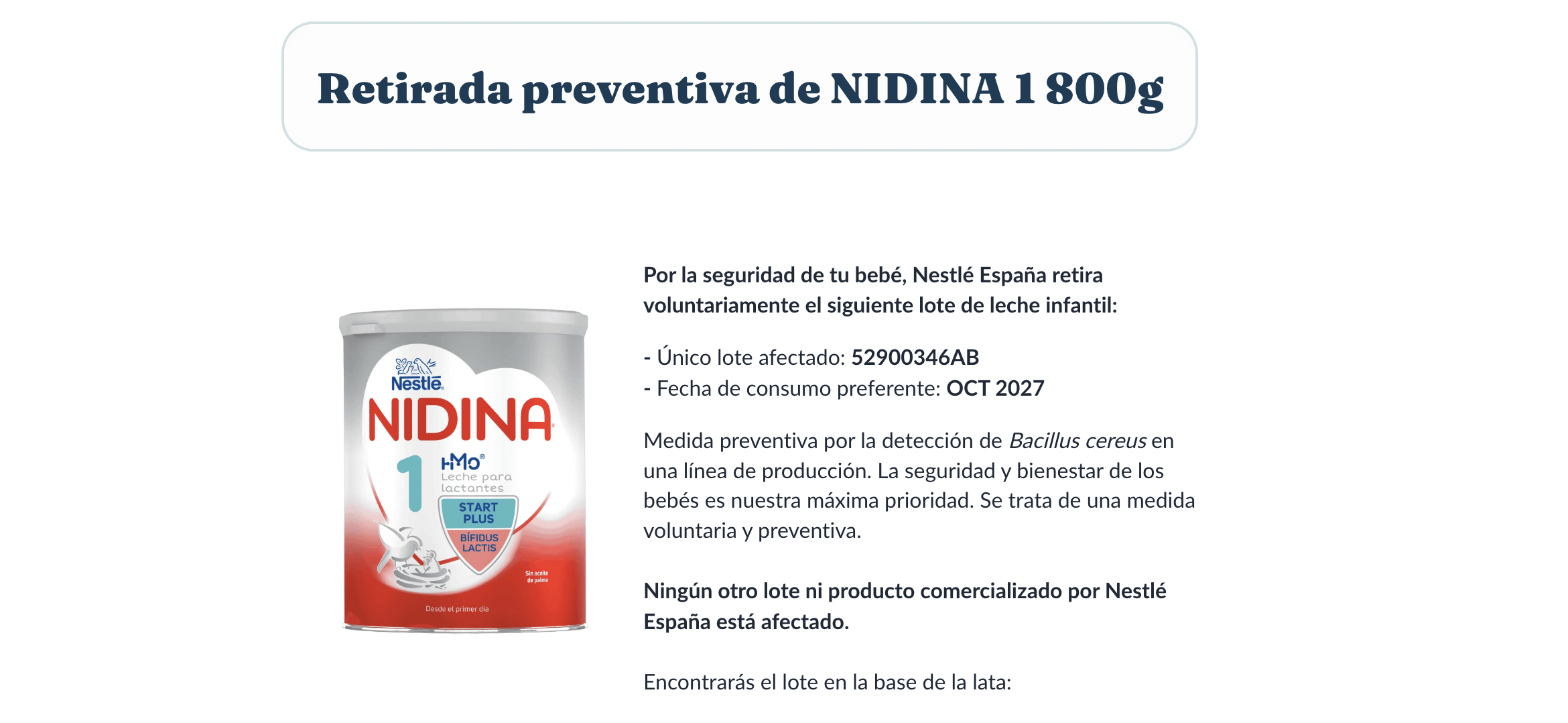 Nestlé España ha retirado voluntariamente un lote de leche infantil por la posible presencia de la bacteria Bacillus cereus