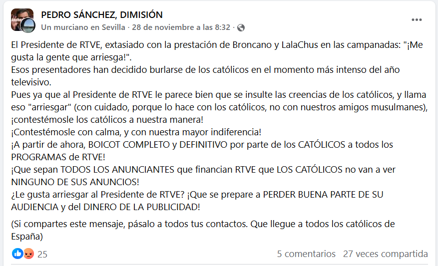 Qué sabemos sobre la cadena que llama a “boicotear a RTVE” tras los “insultos a las creencias de los católicos” en las campanadas de 2025