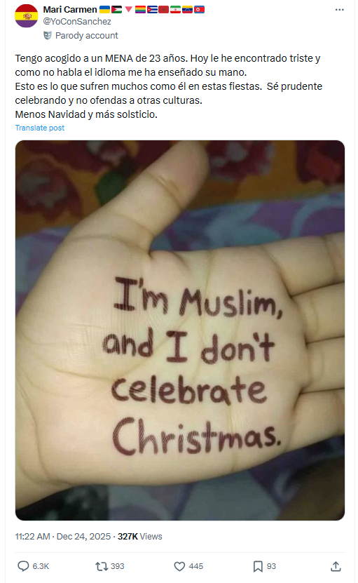 El mensaje que dice que "un mena" le ha dicho a su familia de acogida que no celebra la Navidad al ser “musulmán”: lo difunde una cuenta trol