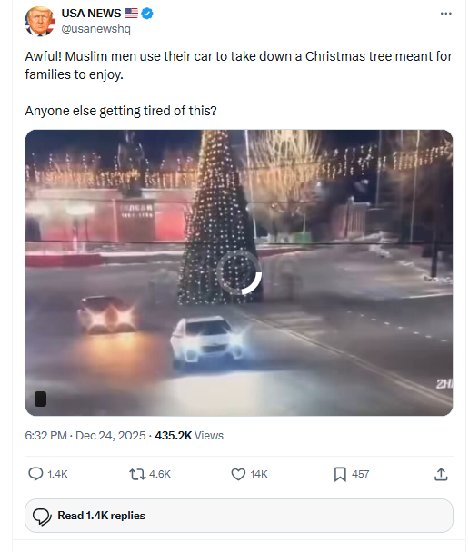 Qué sabemos sobre el vídeo en el que supuestamente unos "musulmanes" derriban un árbol de Navidad con un coche