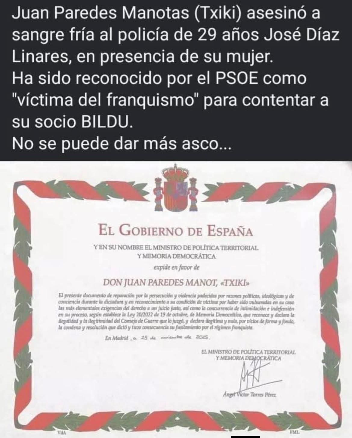 El PSOE ha reconocido como víctima del franquismo a Txiki, quien asesinó a un policía de 29 años delante de su mujer