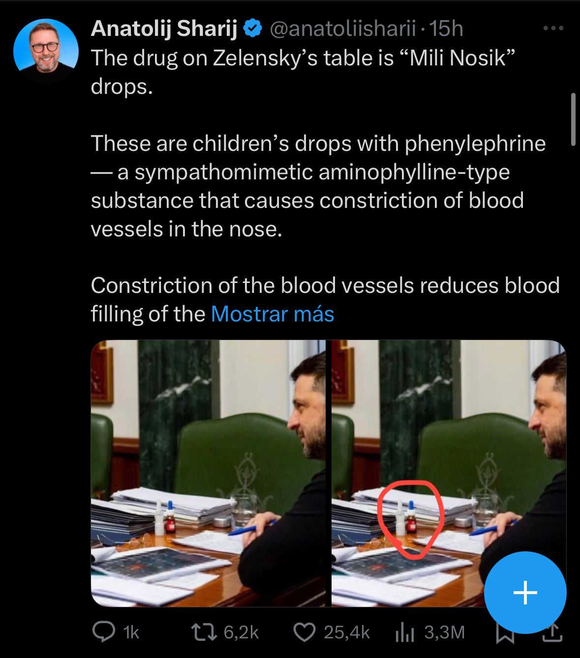 Unas imágenes de la mesa de Zelenski muestran un bote de gotas infantiles llamadas 'Mili Nosik' utilizadas para aliviar la constricción nasal