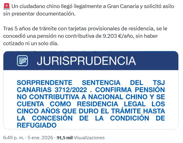 Un chino llegó ilegalmente a Gran Canaria, solicitó asilo sin presentar documentación y 5 años más tarde se le concedió una pensión no contributiva